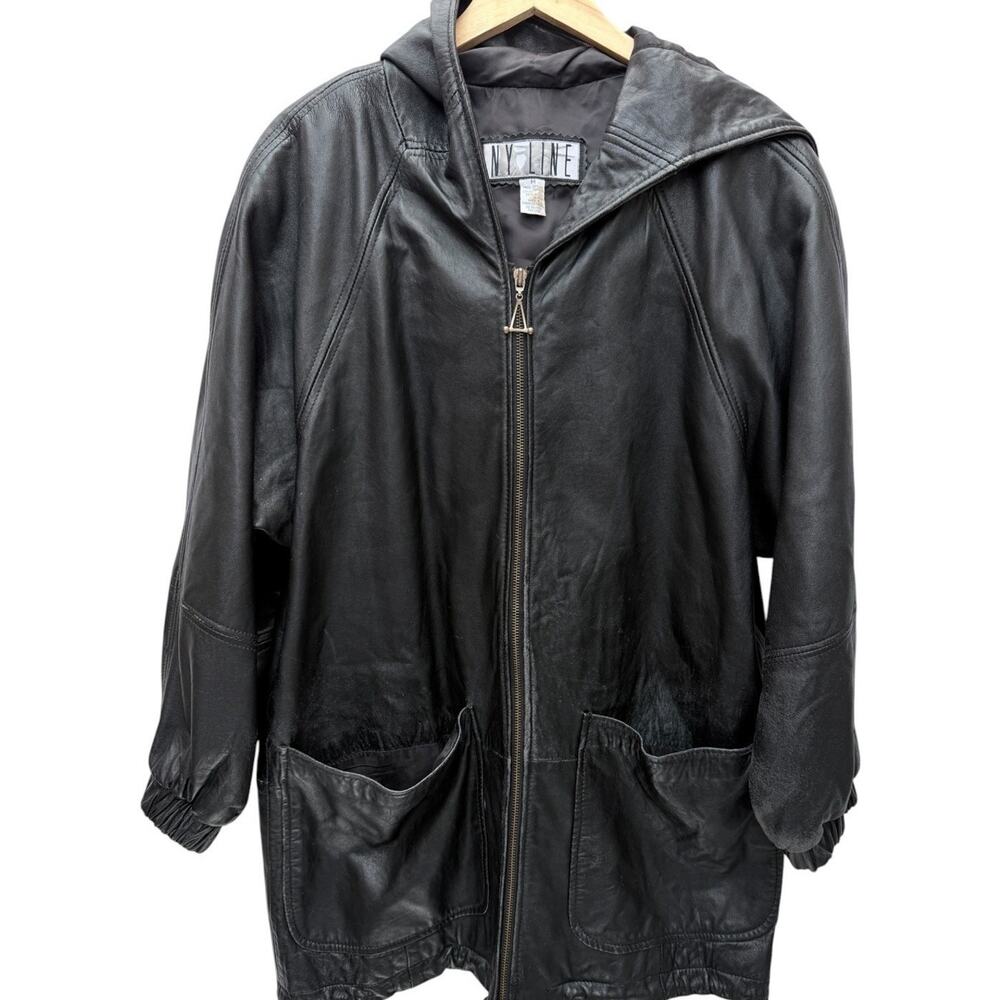 NY Line Genuine Leather Hooded Jacket Men's M Black Zip-Up